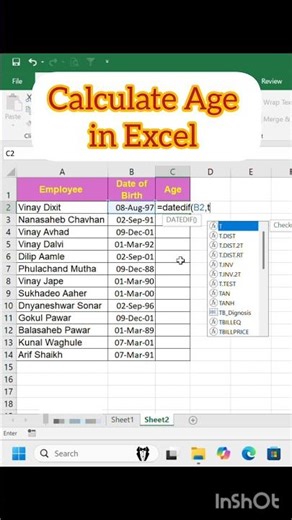 How to Calculate Age from birth date in Excel? #CalculateAge #TODAY #YouTubeShorts