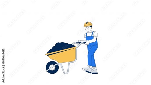 Sad young boy pushing wheelbarrow 2D character animation. Construction child underage exploitation. Kid in hard hat doing heavy labor animated person cartoon 4K video isolated on white transparent