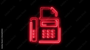 Neon Fax Machine Icon Video HD - Glowing Office Communication Symbol with Document Transmission on Black Background Animation