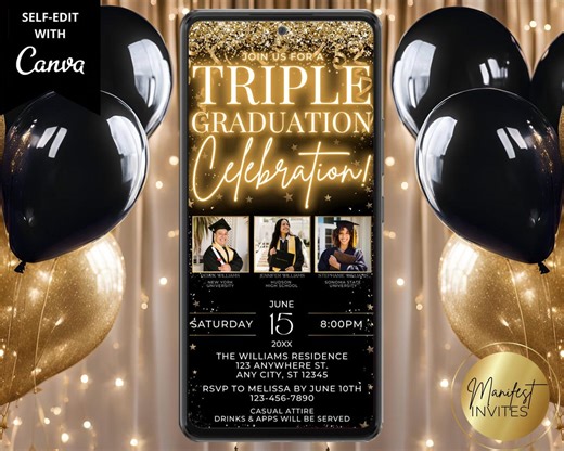 Digital Black Gold Triple Graduation Celebration Photo Invitation, Neon Glitter Grad Party Announcement for Three, Editable Canva Template - Etsy