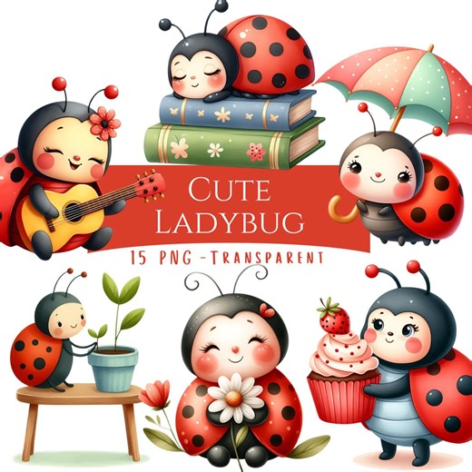 Cute Ladybug Clipart Bundle 15 PNG Watercolor Cute Nursery Ladybug Decor Digital Download Book Lover Printable Stickers Digital Scrapbook - Etsy New Zealand