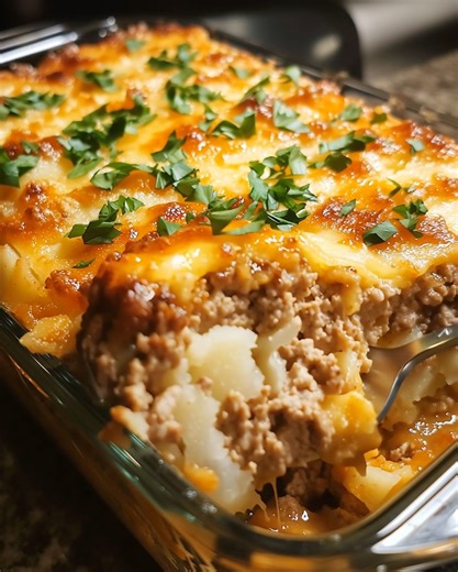 Cheesy Ground Beef Potato Casserole Ingredients: 1 lb ground beef 1 small onion, diced 4 cups thinly sliced potatoes (or 1 bag frozen diced potatoes) 1 can (10.5 oz) cream of mushroom soup 1 cup sour cream 2 cups shredded cheddar cheese ½ tsp garlic powder Salt & pepper, to taste Instructions: Preheat oven to 375°F (190°C). Grease a 9x13-inch baking dish. Brown ground beef with onion in a skillet; drain grease. In a large bowl, mix soup, sour cream, 1 cup cheese, garlic powder, salt, and pepper.