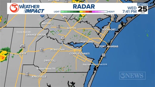 WED 8:35p - 1 hour radar loop shows showers and a few thunderstorms are bubbling up in and around Corpus Christi as our weak cold front closes in. | KIII 3 News