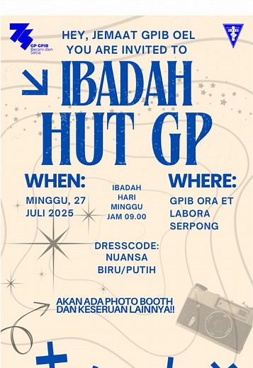 [UNDANGAN IBADAH HUT GP GPIB KE-75] Shalom semuanya! Dalam rangka HUT GP GPIB yang ke-75, kami mengundang jemaat GPIB Ora et Labora Serpong untuk hadir dan memeriahkan Ibadah Perayaan HUT GP GPIB di GPIB Ora et Labora pada Hari Minggu, 27 Juli 2025✨ Jalan-jalan ke Surabaya Jangan lupa beli roti Ditunggu yaa kehadirannya Tuhan Yesus Memberkati 💙 #GPOelSerpong #GPIBOraetLabora #GPGPIB #HUT75GPGPIB #BeranidanSetia #SalamBiruBenhur