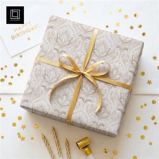 Birthday Wrapped Gift Box Mockup | Gold Details & Wrapping Paper Design | Digital Template PSD PNG for Photoshop and Canva - Etsy