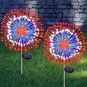[Upgrade] 4th of July Decorations Outdoor Solar Lights, 2 Pack Solar Firework Stake Lights with 8 Modes 180 LED Red White Blue Patriotic Decorations for Memorial Day Presidents Day Veterans Day