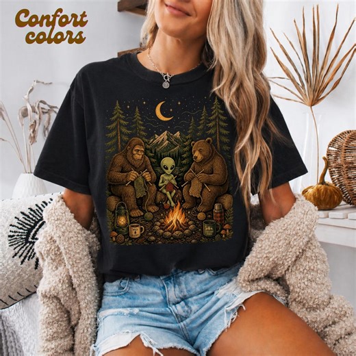 Campfire Crochet Club Comfort Colors® Shirt, Funny Bigfoot Alien Mothman Tee, Knitting Cryptid Gift, Cozy Craft Lover T-shirt - Etsy