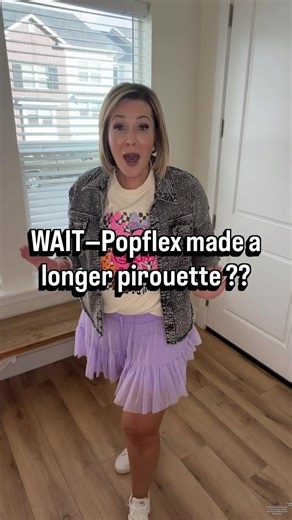 Popflex longer pirouette skort review 💜 Popflex just released the LONGER version of their viral pirouette skort and this is the digital lavender color — and I get the hype now this longer skort has built in shorts, full coverage, and still gives that flattering flowy look without feeling too short if you’ve been wanting a tennis skirt or skort but hate how short they are… this is the modest longer version that actually works for real life (mom life, errands, running around) the built in shorts
