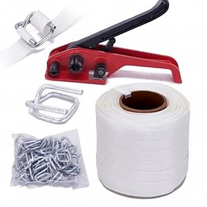 Heavy Duty Pallet Banding Strapping Kit with Woven Cord Tensioner, 3/4" x 330' Woven Cord Roll and 50 pcs Strapping Buckles - 2500Lbs Break Strength