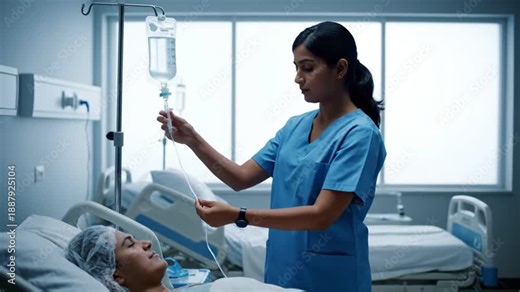 Indian female nurse adjusting IV drip flow rate in hospital ward