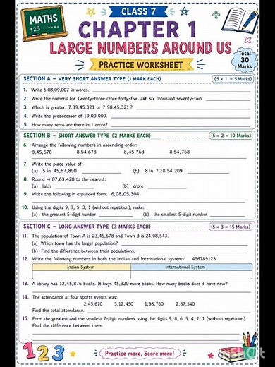 Class 7 Maths Chapter 1 | Large Numbers Around Us | Practice Worksheet | Important Questions |