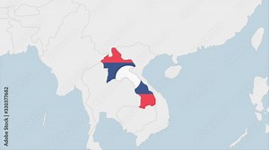 Laos map highlighted in Laos flag colors and pin of country capital Vientiane.
