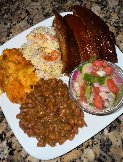 332K views · 6.2K reactions | A lil snack for me and my boo❤️ I made ribs, seafood potato salad, baked beans along with some mac n cheese. We ate the ribs so fast, i couldn’t get footage of them when they first got done #Real big back activities藍 #chefbae #atlanta #nyc #losangeles | Chef Bae | Facebook