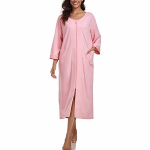 EA'S SECRET 100% Cotton Zipper Robes for Women Lightweight Bathrobe with 2 Pockets 3/4 sleeve Loungewear(Pink,XL)