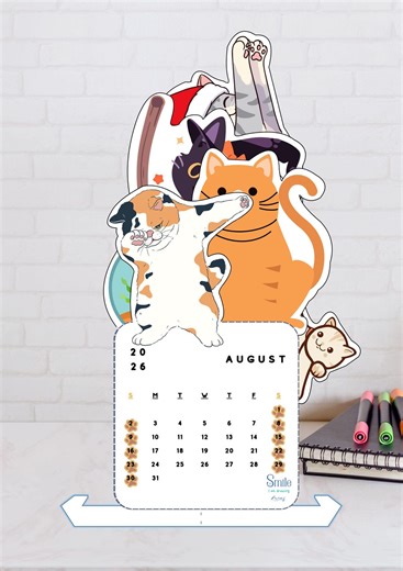 2026 Cute Cat Desk Calendar Printable | Kawaii Cat Illustration Calendar | Digital Download Monthly Calendar - Etsy