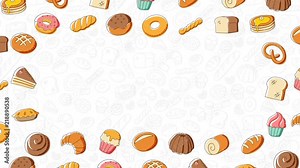 Bakery moving swirl frame pattern background cartoon hand drawing illustration isolated on white background seamless looping animation 4K, with center copy space