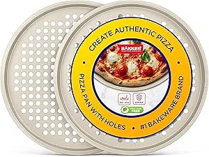 Bakken Pizza Baking Pan - Round Perforated Carbon Steel Pan with Non-Stick Marble Coating, Oversized Silicone Handle, Dishwasher Safe, High-Temperature Resistant, Durable & Easy Cleanup White, 2 Pack
