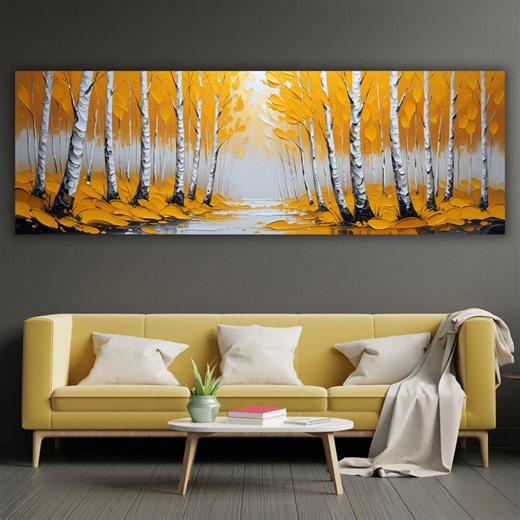 Yellow Birch Forest Canvas Art, Golden Autumn Tree Landscape, Panoramic Large Wall Decor, Modern Impasto Nature Painting, Luxury Home Gift - Etsy