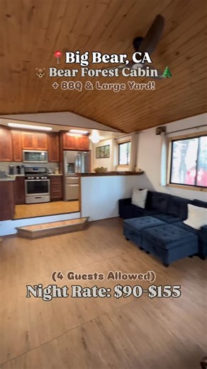 Robinhood Management on Instagram: "Escape to Bear Forest Cabin 🐻🌲 A cozy one-bedroom retreat with two beds, one bath, and room for up to 4 guests. Enjoy a large backyard, pet-friendly stays, a crackling fire pit, BBQ, and outdoor seating—perfect for small get-togethers under the stars ✨🔥 Your forest getaway awaits. Link in bio to reserve! #bigbearlake #bigbearmountain #bigbearcalifornia #bigbearcabin #bigbearlakecalifornia"