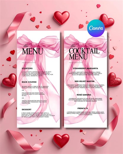 Galentine's Menu Template: Dinner & Cocktail, Editable Canva (digital Download) - Etsy