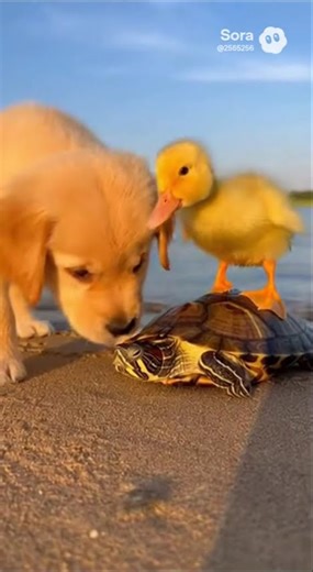 Cute Puppy, Duckling, and Turtle Friendship on the Beach | Adorable Animal Moments!