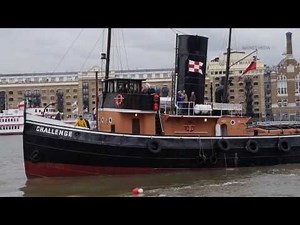 Steam tug 'Challenge' crashing into bridge at St Katharine Docks