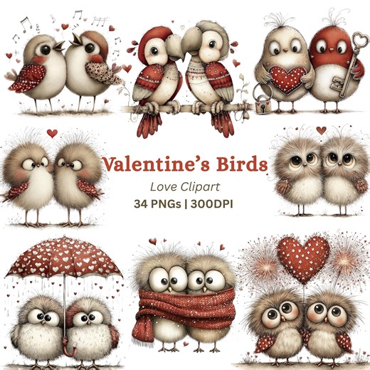 34 Valentine Love Birds Clipart PNG, Whimsical Bird Couples With Hearts Graphics Bundle - Etsy UK