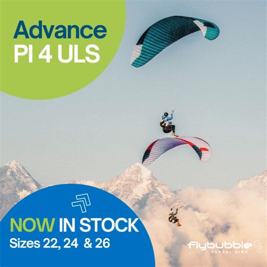 Now in stock at Flybubble 🔥👉 Advance PI 4 ULS in sizes 22, 24 & 26! 🪂🥳 Thermal wing, hike & fly glider, and mini wing – all in one. https://flybubble.com/advance-pi-4-uls Now in its 4th generation, the Advance PI 4 ULS brings an unbeatable mix of minimal weight, maximum fun, and impressive performance – ready for every adventure.😎✅ Sizes 14, 16, and 18 are expected in December 2025. Check our website for live stock info.👆😎 If the model/size you want isn't in stock, email us to enquire. 🙌