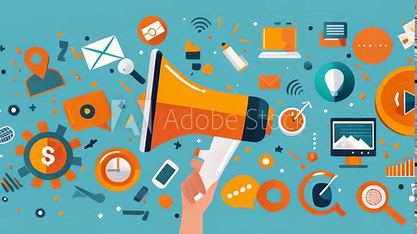A hand holding a megaphone with a blue background. The megaphone is surrounded by various icons and symbols, including a clock, a dollar sign, and a cell phone. Concept of excitement and urgency