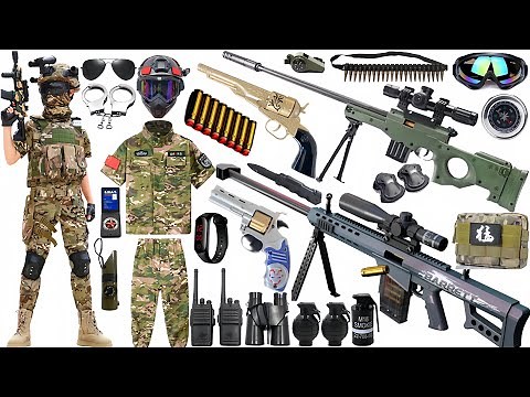 Special police weapon toy set unboxing, Barrett sniper rifle, Glock toy pistol, bomb, gas mask