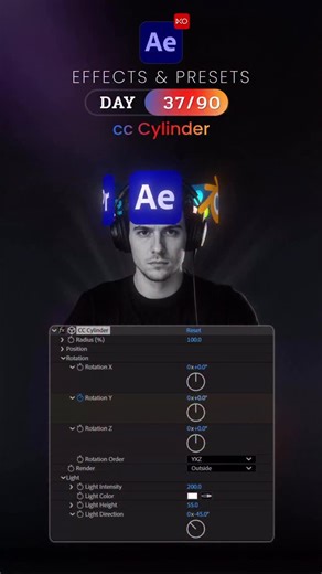 Day 37/90 – CC Cylinder Effect 🦋 Today is Day 37 of our 90 Days After Effects Challenge, and we’re exploring CC Cylinder, a 3D-style effect that wraps your layer around a virtual cylinder — perfect for product spins, 3D panels, and rotating transitions. ✨ What is CC Cylinder? CC Cylinder bends your layer into a round cylindrical shape. Great for rotating banners, 3D mockups, spinning graphics, and smooth wrap-around animations. ✨ How to Use: - Select layer → Effect → Perspective → CC Cylinder A