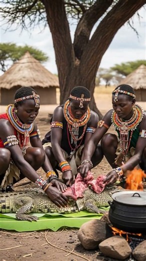 Traditional African Tribal Women Preparing Crocodile Meat | Primitive Cooking Documentary #africa