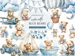 Blue Teddy Bear Clipart, DIGITAL DOWNLOAD, Hot Air Balloon Teddy Bear, Cute Boho Bears, Watercolor Baby Shower Clipart, Commercial Use PNG - Etsy