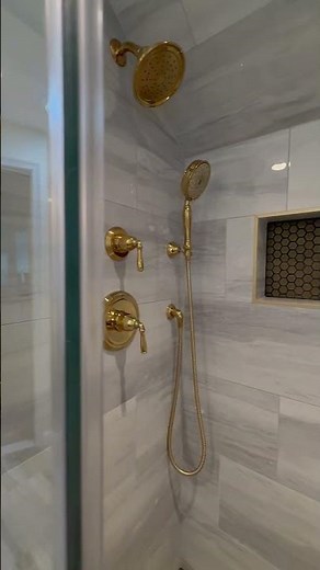 Gold Rush Glam! ✨ Modern Master Bathroom Renovation with Striking Brass Fixtures & Marble-Look Tile