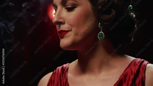 Elegant woman in red dress smoking cigarette in vintage film noir style video