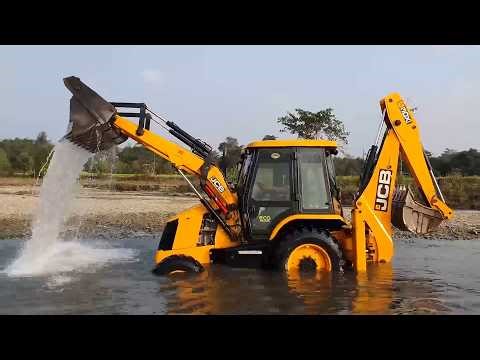 JCB Backhoe Washing in River and Leveling Gravel in Road - JCB Dozer Work and Fun