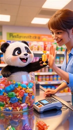 Cute little panda finally got his candy…🍬🍭