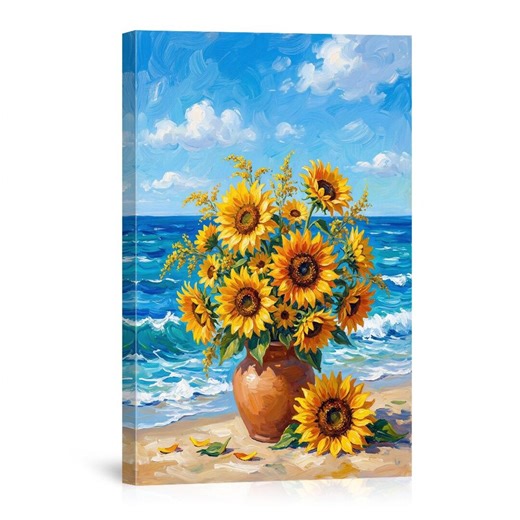 Sunflowers in Vase on Beach Canvas Wall Art, Vibrant Coastal Floral Decor, Modern Art for Kitchen, Bedroom & Living Room - Etsy