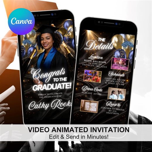 Blue Black Satin Graduation Invitation, Congrats to the Graduate Graduation Party Announcement, Canva Editable Graduation Animation VC01 - Etsy