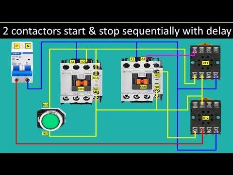 Sequential Start-Stop Control Using Two Contactors with time Delay | Wiring Diagram Explained