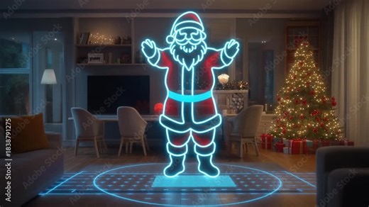 Neon Santa Claus Hologram Projected In A Christmas Decorated Living Room Holiday Festive Atmosphere