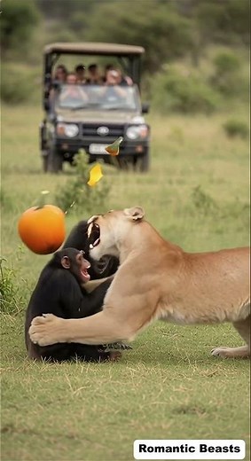 Cleaver chimpanzees using pumpkins to misled the lion from head
