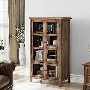 VINGLI Rustic Storage Cabinet with Glass Doors & Shelves, Showcase Display Cabinet with Cedar Wood Finish, Walnut