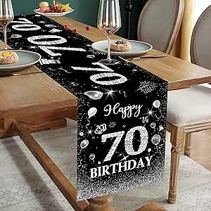 70th Birthday Table Runner Black Silver Happy 70th Birthday Table Runner for 70 Years Old Men Women Him Her Celebrate Party Decorations Non-Slip Dining Table Linen Cloth Decor, 72 Inches Long