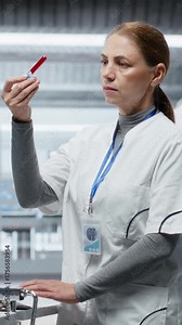 Vertical Video Researcher reviewing blood samples and keeps patient under observation for a clinical experiment, evaluating drug dosage and studying reactions. Progress in medical discovery. Camera B.