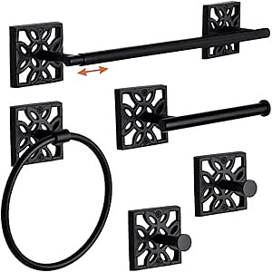 Autumn Alley 5 PC Matte Black Modern Bathroom Accessories Set, Wall Mounted - Towel Rack, Hand Towel Ring, Industrial Toilet Paper Holder, and 2 Towel Robe Hook for Bathroom Hardware Set