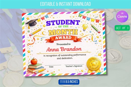 EDITABLE Student of the Month Award Certificate, Students Certificate for Excellence, Printable Certificate Templates Instant Download - Etsy UK