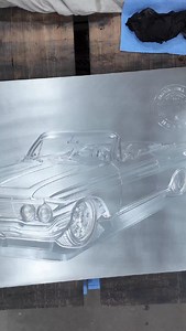 Shading in the bead rolled 1961 convertible Impala portrait — every raised line in the aluminum tells a story. Custom bead rolling art by Twisted Metal Signs & Fab | Twisted Metal Sign Company