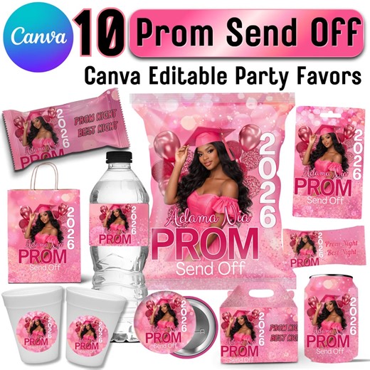 Prom Send off Party Favor Template Bundle, Canva Editable Pink Party Favor Designs, Printable Prom Chip Bag, Chocoalate, DIY Prom Party - Etsy
