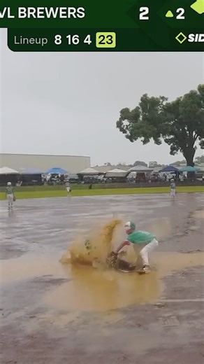 Have you ever played in weather like this? He slid straight through the puddle to score the run! Captured via Sideline HD powered by Diamond Kinetics #baseballhighlights #youthbaseball #baseballseason | Diamond Kinetics